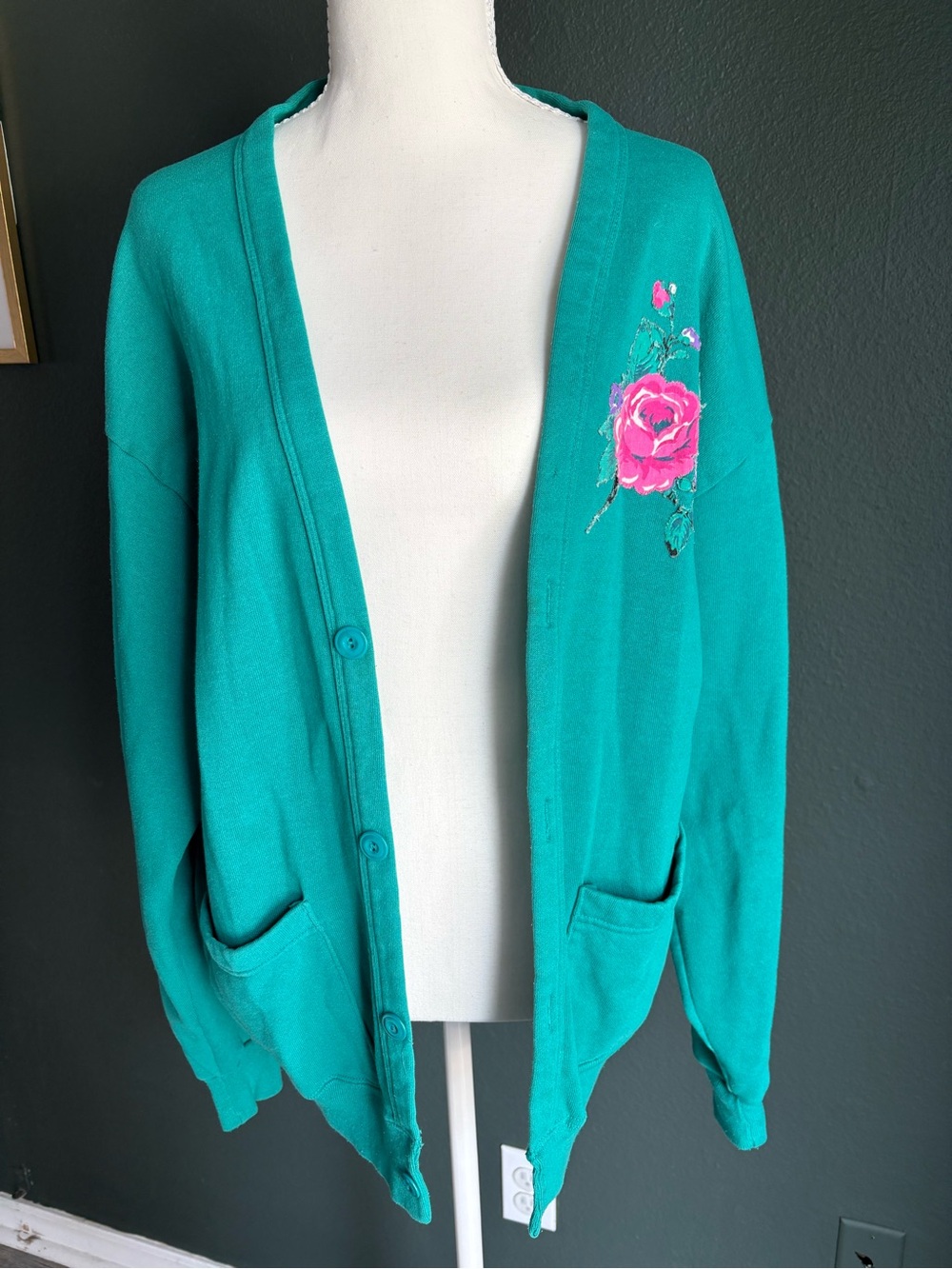VTG Jerzees Made in USA Teal Floral Sweatshirt Cardigan One Size Fits All